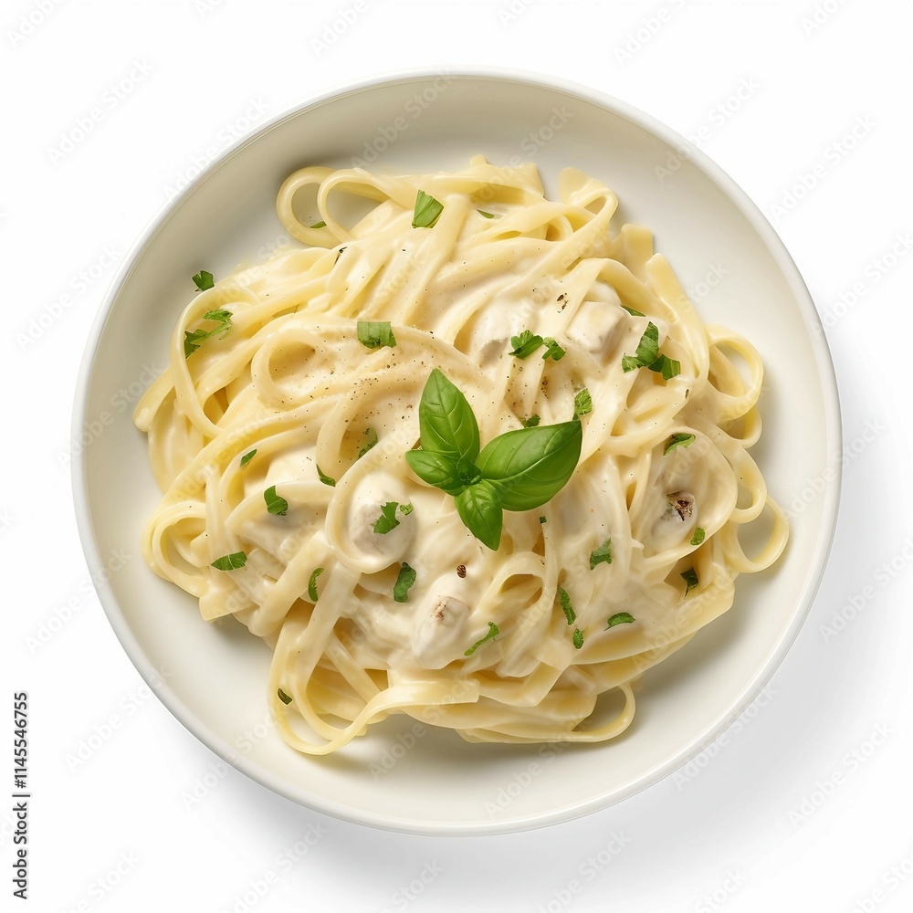 Fettuccini Alfredo, Isolated on white background, flat lay Fettuccini Alfredo, Isolated on white background, flat lay