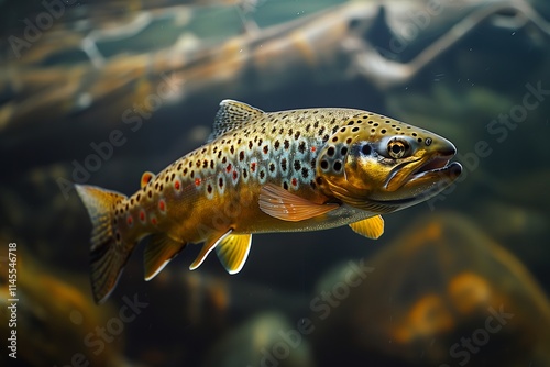 A vibrant brown trout swimming gracefully in a clear stream, showcasing its beautiful colors and patterns. photo