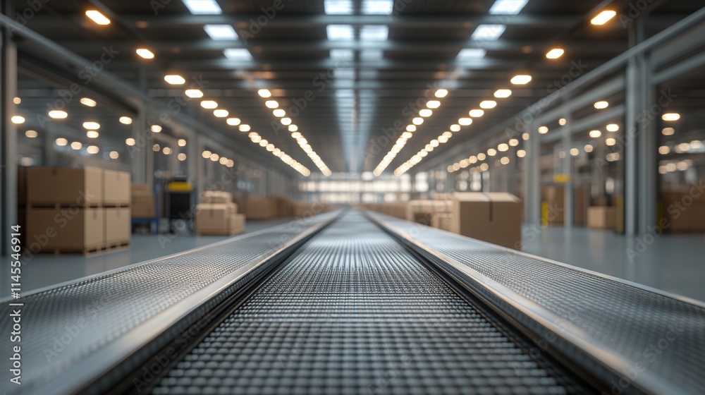 Empty Conveyor Belt in a Distribution Warehouse, E-commerce Delivery, Automated Logistics Concept Empty Conveyor Belt in a Distribution Warehouse, E-commerce Delivery, Automated Logistics Concept