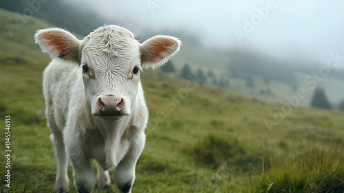 White Calf Gazes From Misty Mountain Pasture photo