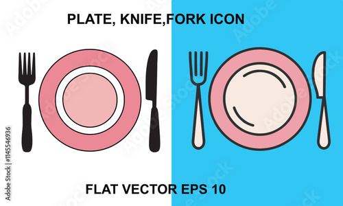 Minimalist western tableware vector design showcasing a plate, a fork on the left, and a knife and spoon on the right, presented in a flat line style with subtle colored accents.