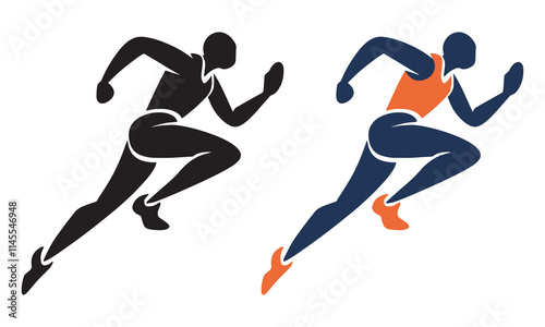 Dynamic running silhouette vector design featuring two sprinting figures in motion. The bold flat style uses contrasting solid black and vibrant colors, ideal for sports graphics, fitness branding.