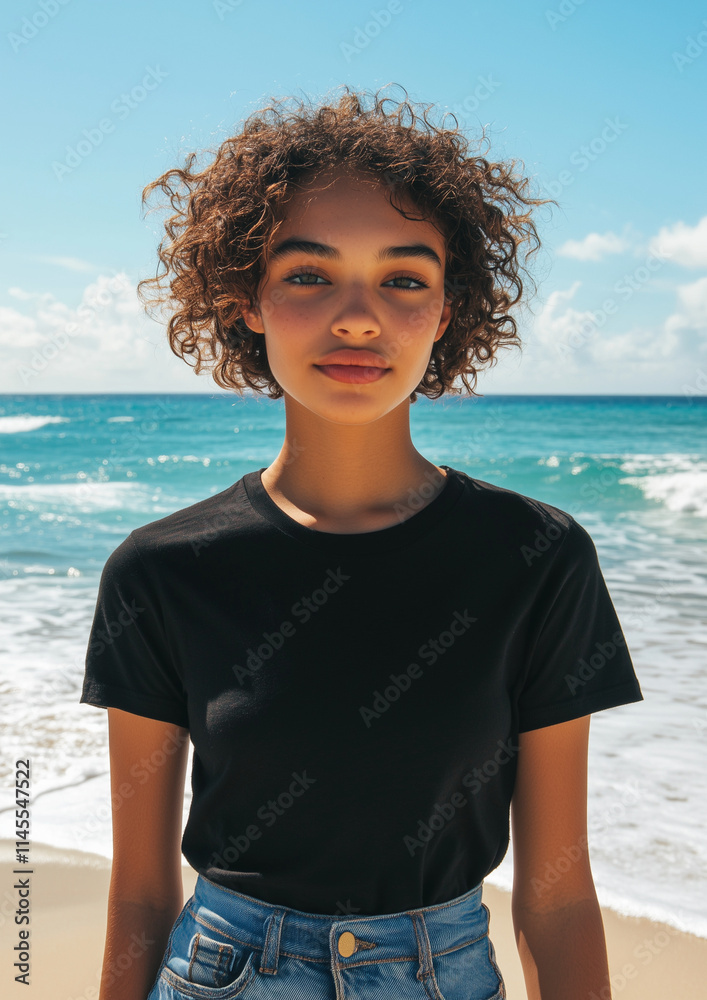 Beach mockup for black t-shirt, young woman with short curly hair Beach mockup for black t-shirt, young woman with short curly hair