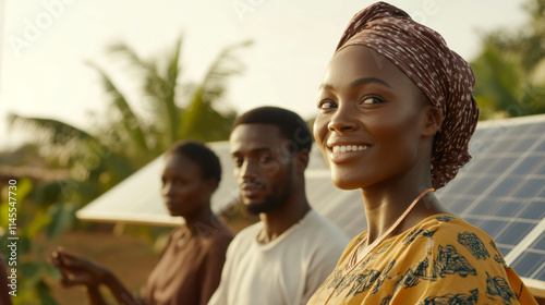 Smiling woman in traditional attire standing by solar panels with friends