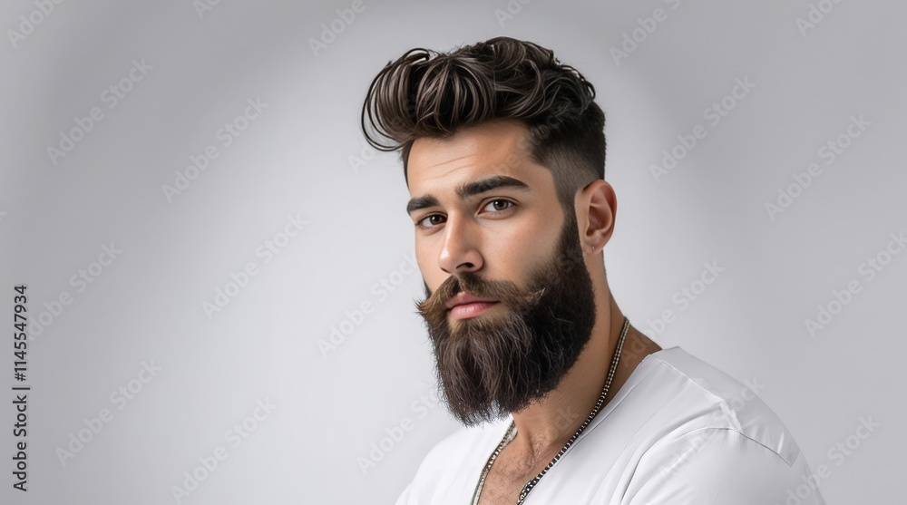Obraz premium Handsome male model with beard, mustache and trendy hairdo. Beard and mustache haircut. Bearded man. Male beauty.