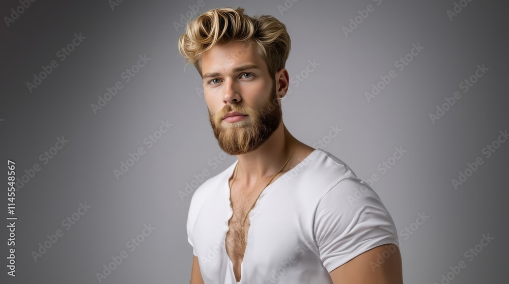 Obraz premium Bearded man with stylish hair and beard. Man with long beard and mustache on serious face. Handsome male model with beard, mustache and trendy hairdo. Beard and mustache haircut.
