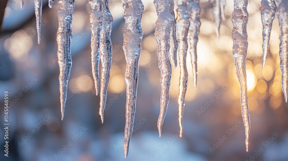 Frosty Landscape with Icicles Hanging in Beautiful Winter Light