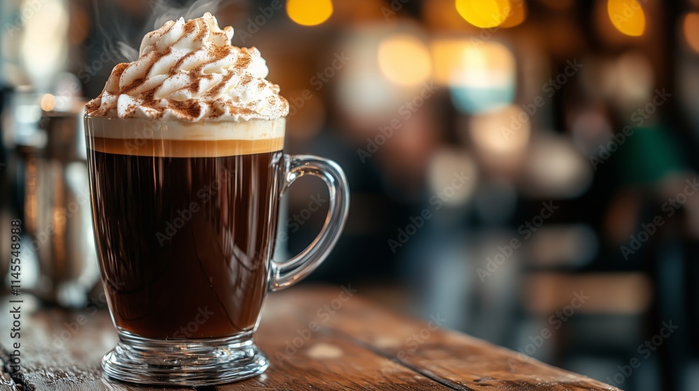 An Irish café features a rich coffee topped with cream and cinnamon, amidst warm decor and inviting patrons.