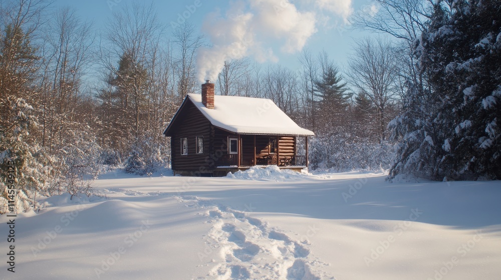 A serene snowy cabin with smoke rising from the chimney and footprints in the snow A serene snowy cabin with smoke rising from the chimney and footprints in the snow