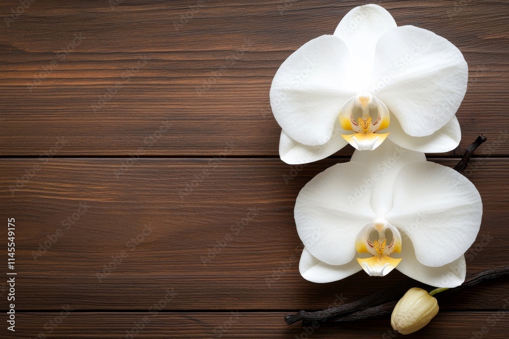 Elegant white orchids arranged on a rustic wooden background provide a serene natural decor element for any occasion Elegant white orchids arranged on a rustic wooden background provide a serene natural decor element for any occasion