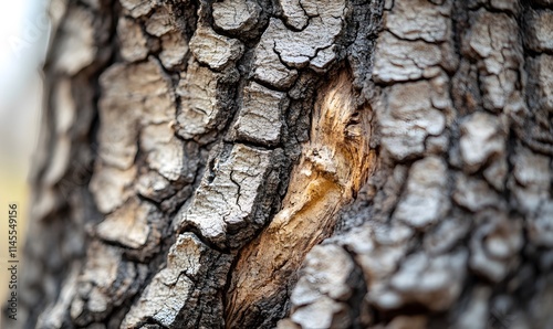 Close-up of textured tree bark with cracks and a patch of amber sap. photo