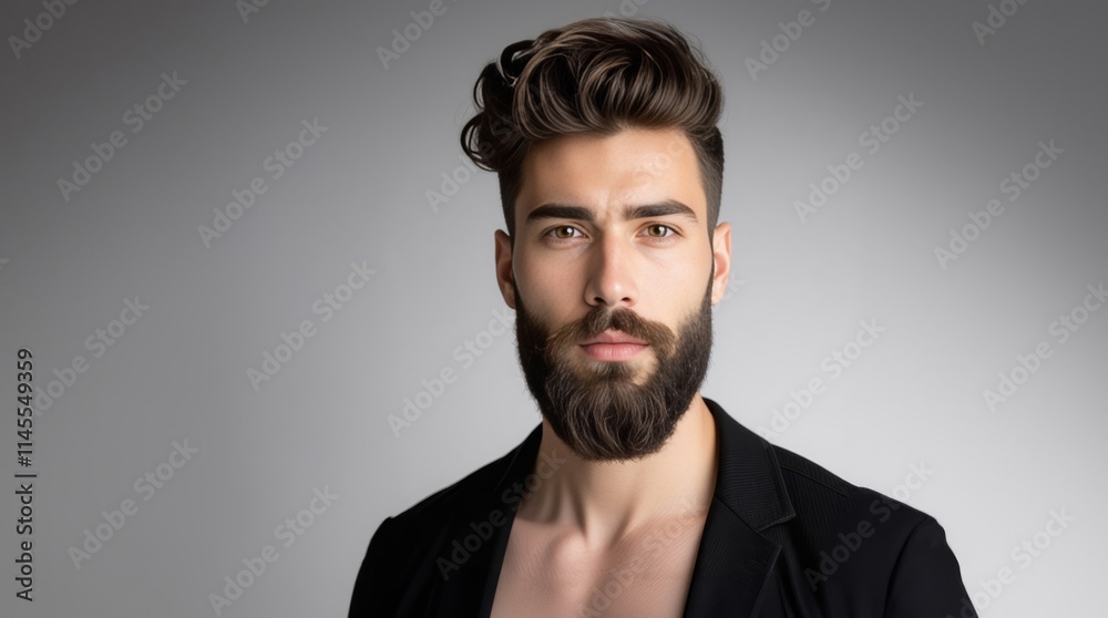 Fototapeta premium Barber fashion and beauty. Man with long beard and mustache on serious face. Handsome male model with beard, mustache and trendy hairdo. Beard and mustache haircut. Bearded man.