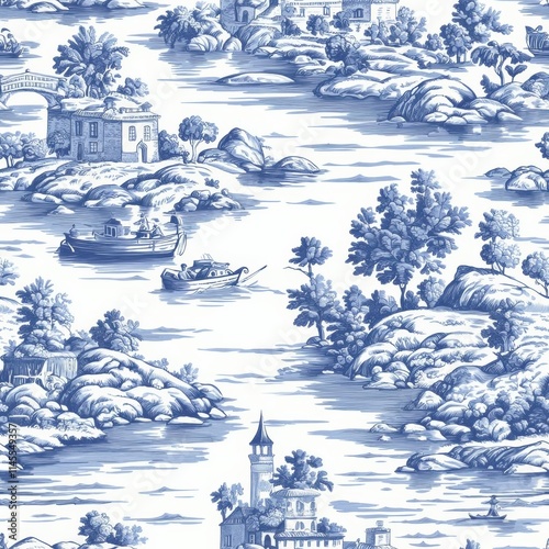 hyper realistic photo of  Delicate Toile de Jouy Botanical Landscape in Tranquil French Countryside Setting , isolated on white background,  , copy space, copy space for text,