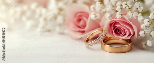 Two gold wedding rings rest on a white surface, adorned with pink roses and baby's breath.