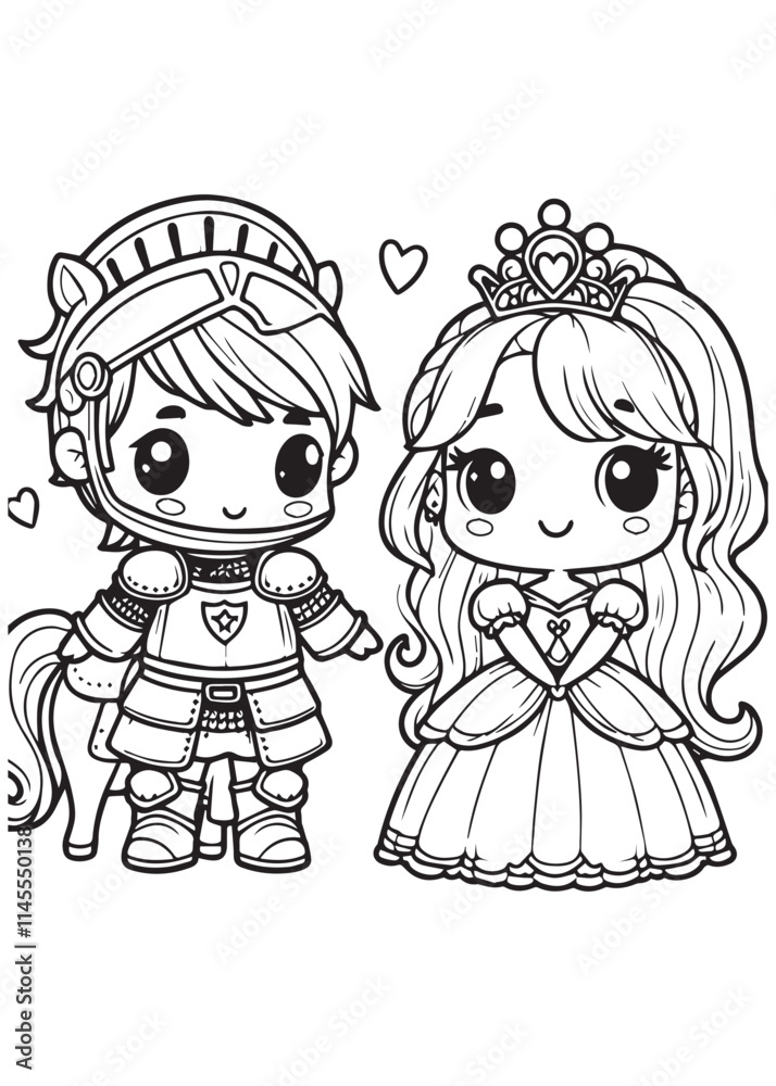 Coloring page design cute queen and the knight pose Coloring page design cute queen and the knight pose