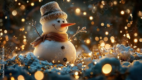 A cheerful snowman adorned with a hat and scarf, surrounded by shimmering lights in a snowy landscape, creating a magical winter scene.