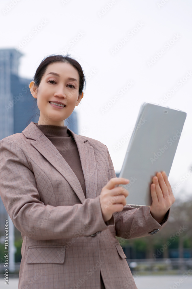 Confident Businesswoman Engaging with Technology in Urban Setting Confident Businesswoman Engaging with Technology in Urban Setting