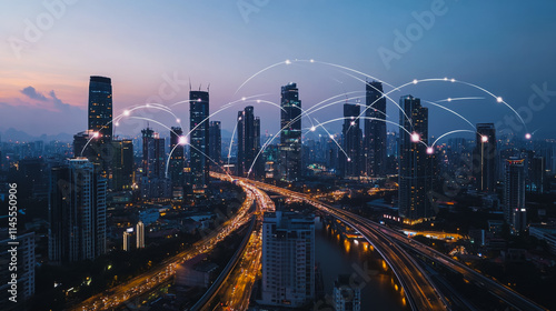 Smart digital city with connection cyber security network reciprocity over the cityscape . future smart wireless digital city and social media networking systems that connects people within the city