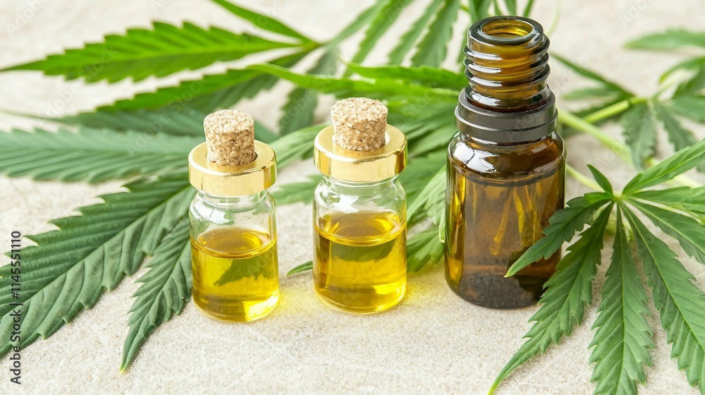 Bottles of Essential Oils Surrounded by Fresh Green Leaves Bottles of Essential Oils Surrounded by Fresh Green Leaves