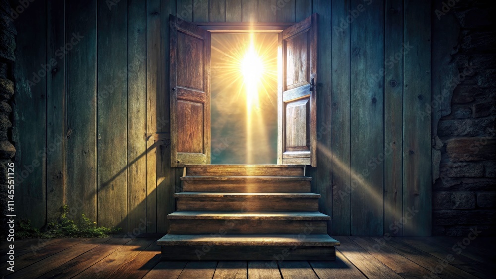 Fototapeta premium A mysterious light illuminates a dark, upward staircase, hinting at hope and mystery within vintage architecture.