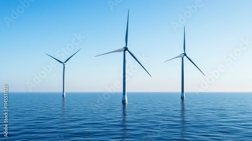 A serene view of three wind turbines standing tall over calm waters under a clear blue sky.