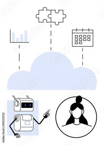Cloud connects bar chart jigsaw puzzle and calendar. Blue robot, woman avatar linked by dotted lines. Ideal for cloud computing, data integration, AI, automation, teamwork, scheduling, user