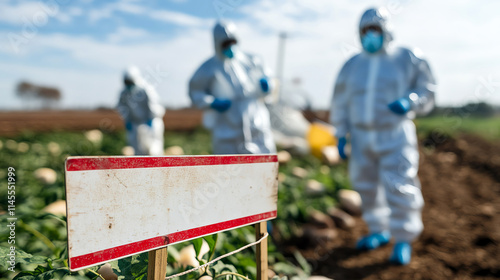 Agricultural workers in protective suits tend to crops, highlighting safety measures for sustainable farming practices.