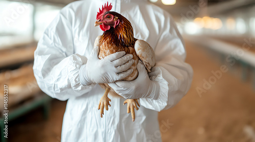 A farmer in protective gear holding a chicken in a poultry barn, highlighting the care taken in animal husbandry.