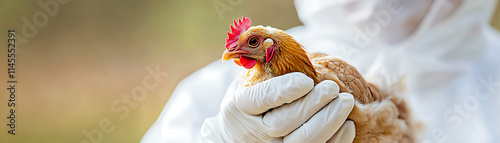 A person in protective gear gently holds a chicken, emphasizing care and safety in animal handling.