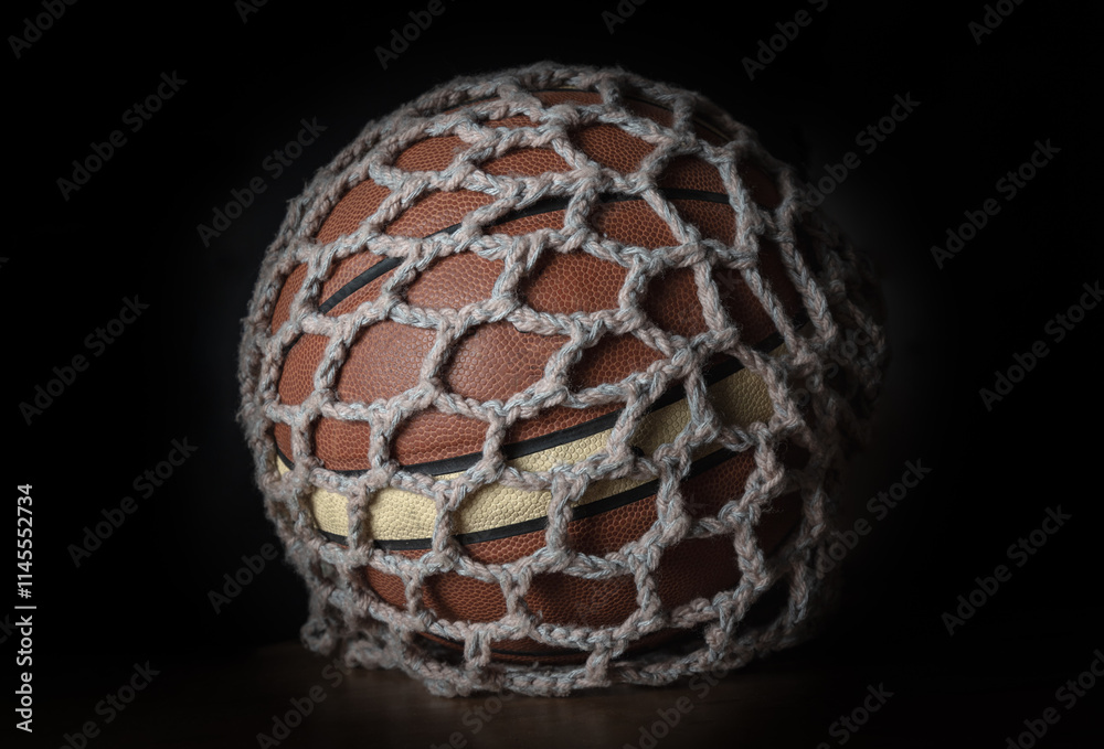 View of Basketball ball inside of Knitting yarn mesh net string bag on black background, Light and Shadow, use it as your Wallpaper, Poster and Copy space, Selective focus.