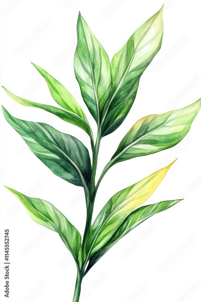 Obraz premium Watercolor painting of a green plant branch with leaves.
