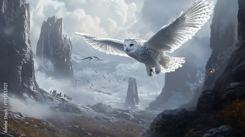 Snowy Owl Soaring Above a Misty Mountain Landscape