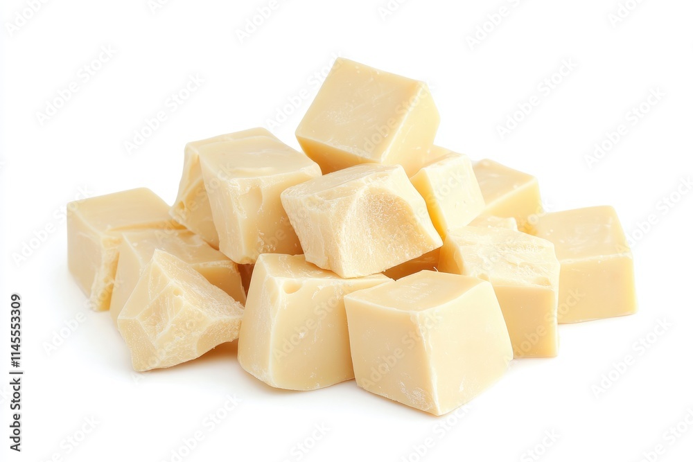 A pile of white chocolate chunks rests on a white background A pile of white chocolate chunks rests on a white background