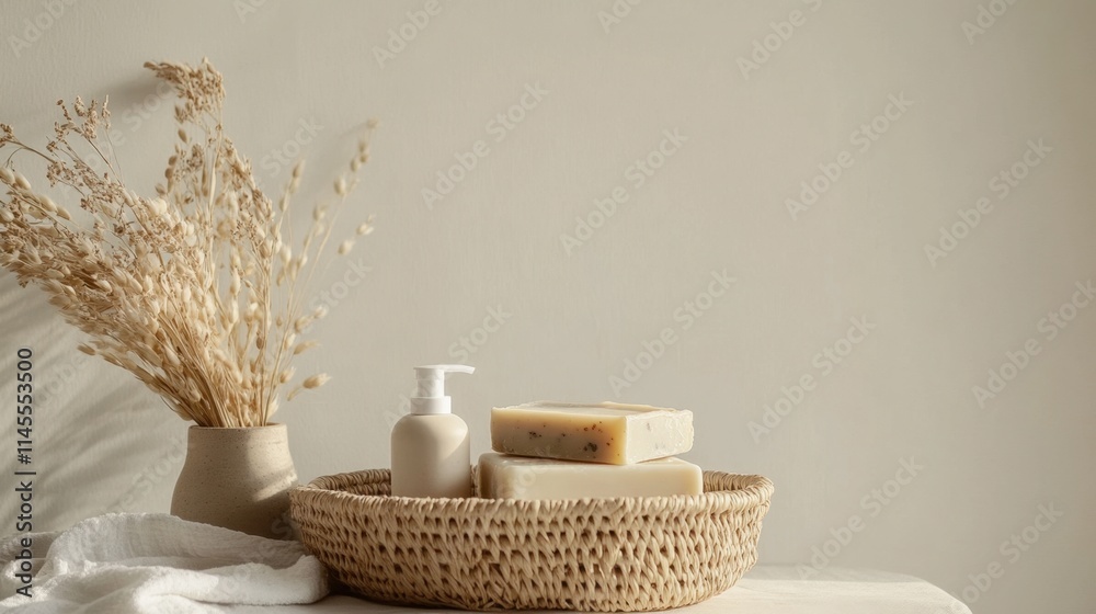 Eco-Friendly Gift Set of Handmade Soaps and Organic Skincare in Woven Basket on Minimalist Background