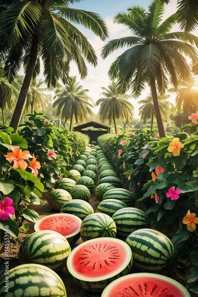 Fototapeta premium a_tropical_watermelon_farm_surrounded