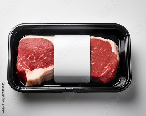 Black and white label mockup on a blank plastic beef tray