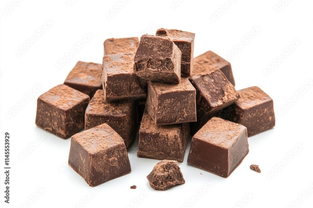 A pile of dark chocolate cubes dusted with cocoa powder A pile of dark chocolate cubes dusted with cocoa powder