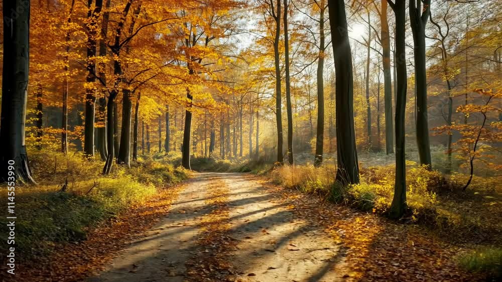 Sunlit autumn path through a forest with golden leaves. Sunlit autumn path through a forest with golden leaves.