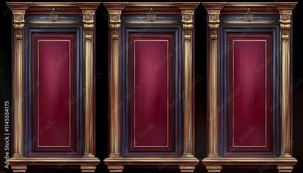 Three Ornate Red Panels with Gold and Dark Wood Frames Three Ornate Red Panels with Gold and Dark Wood Frames