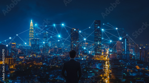 Smart digital city with connection cyber security network reciprocity over the cityscape . future smart wireless digital city and social media networking systems that connects people within the city