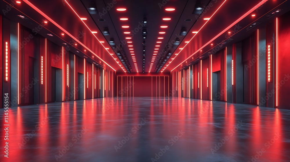 Red neon lights illuminate a sleek, modern corridor with a reflective floor. Red neon lights illuminate a sleek, modern corridor with a reflective floor.