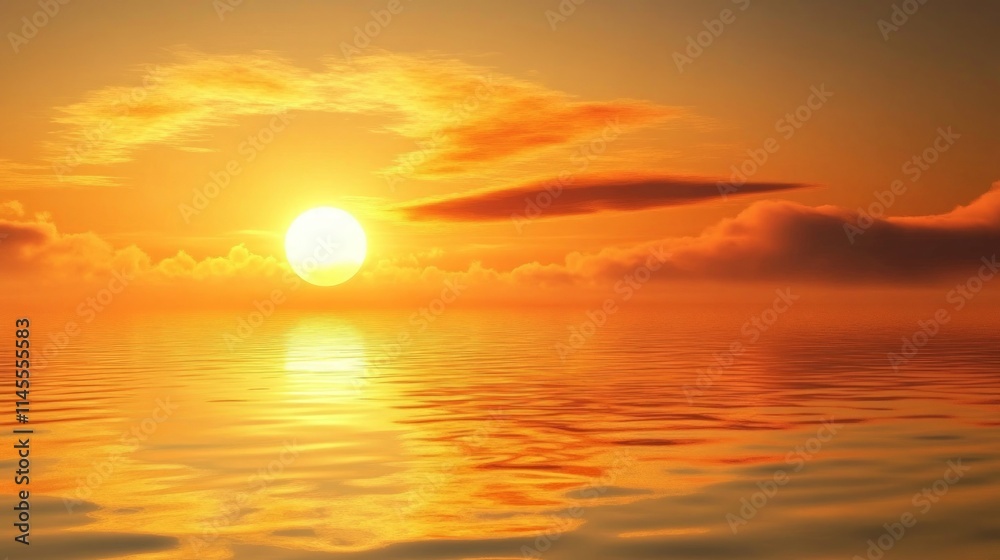 Golden Sunrise Over Tranquil Lake with Reflective Water Surface Golden Sunrise Over Tranquil Lake with Reflective Water Surface