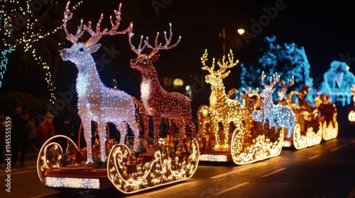 A vibrant Christmas parade with reindeer floats and sparkling lights illuminating the night
