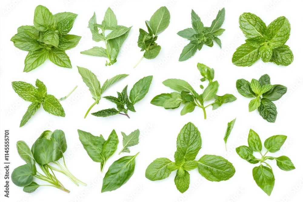Assorted Fresh Mint Leaves Isolated On White Background Assorted Fresh Mint Leaves Isolated On White Background