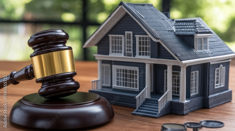 Real Estate Law Concept with Gavel and House Model. A model home next to a judge's gavel on a wooden desk, depicting real estate law, property disputes, and legal proceedings Real Estate Law Concept with Gavel and House Model. A model home next to a judge's gavel on a wooden desk, depicting real estate law, property disputes, and legal proceedings