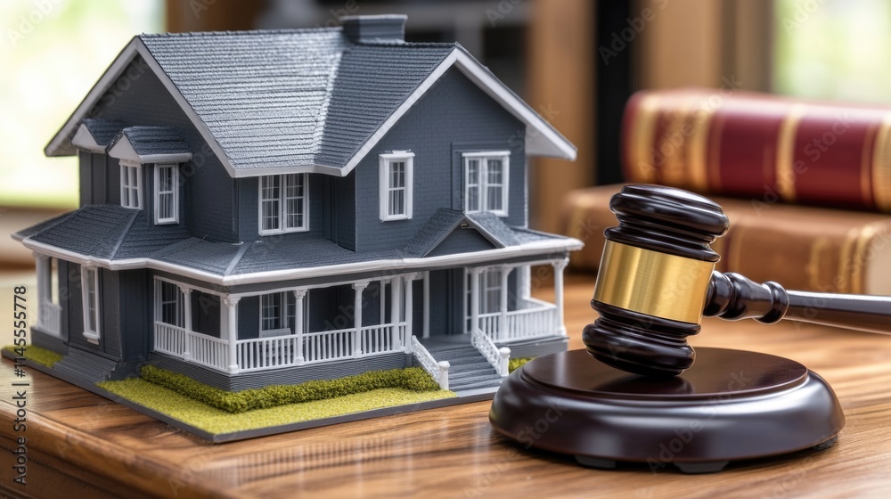 Real Estate Law Concept with Gavel and House Model. A model home next to a judge's gavel on a wooden desk, depicting real estate law, property disputes, and legal proceedings Real Estate Law Concept with Gavel and House Model. A model home next to a judge's gavel on a wooden desk, depicting real estate law, property disputes, and legal proceedings