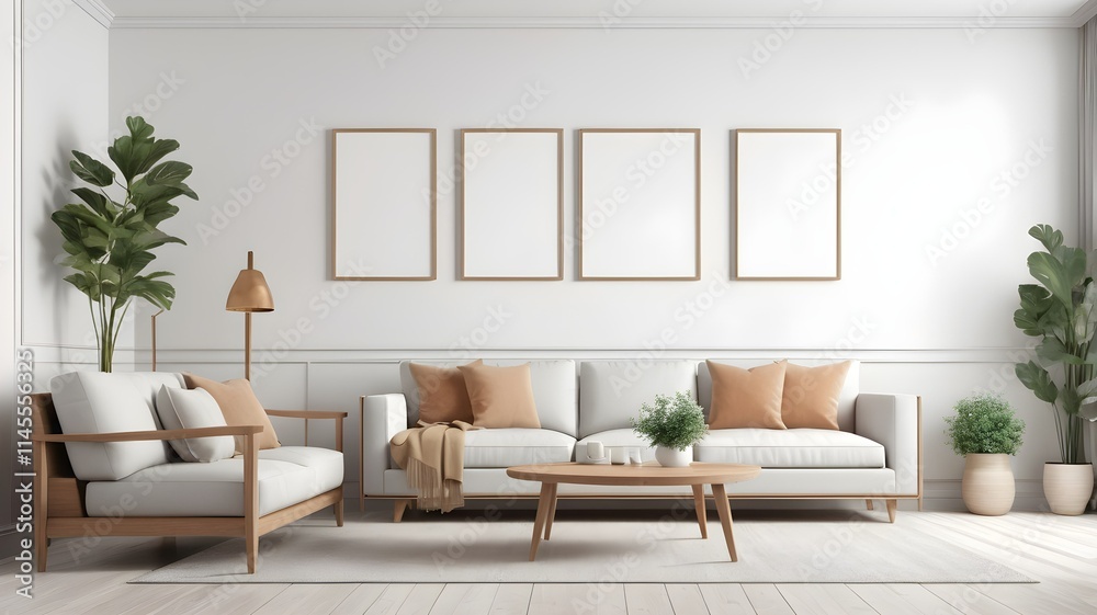 Fototapeta premium Modern Cozy Living Room Mockup with Stylish Furniture and Empty Canvas Frame on White Wall Texture, 3D Rendering