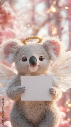 Adorable Koala Angel Holding a Blank Sign with Pink Floral Background, Perfect for Valentines