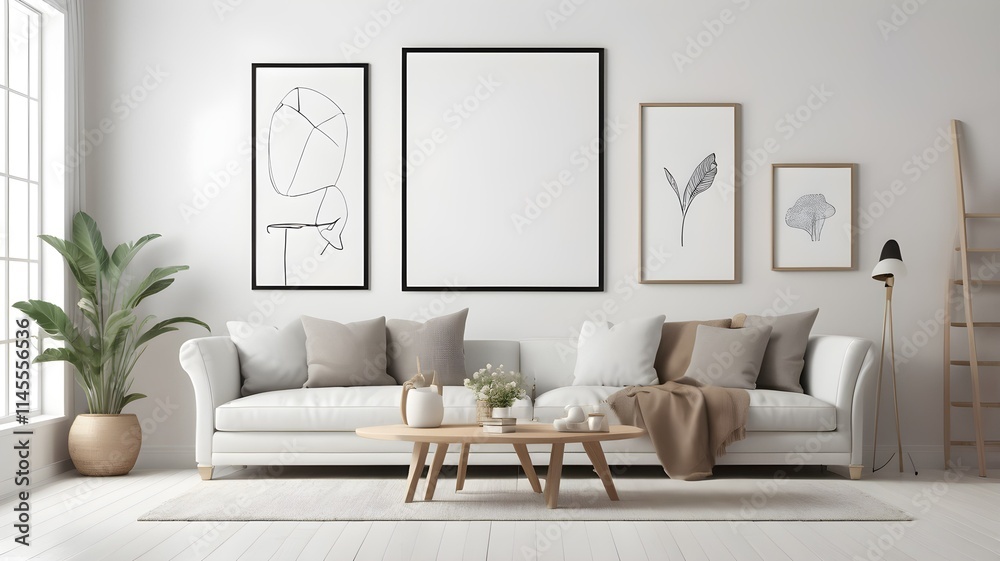 Fototapeta premium Modern Cozy Living Room Mockup with Stylish Furniture and Empty Canvas Frame on White Wall Texture, 3D Rendering