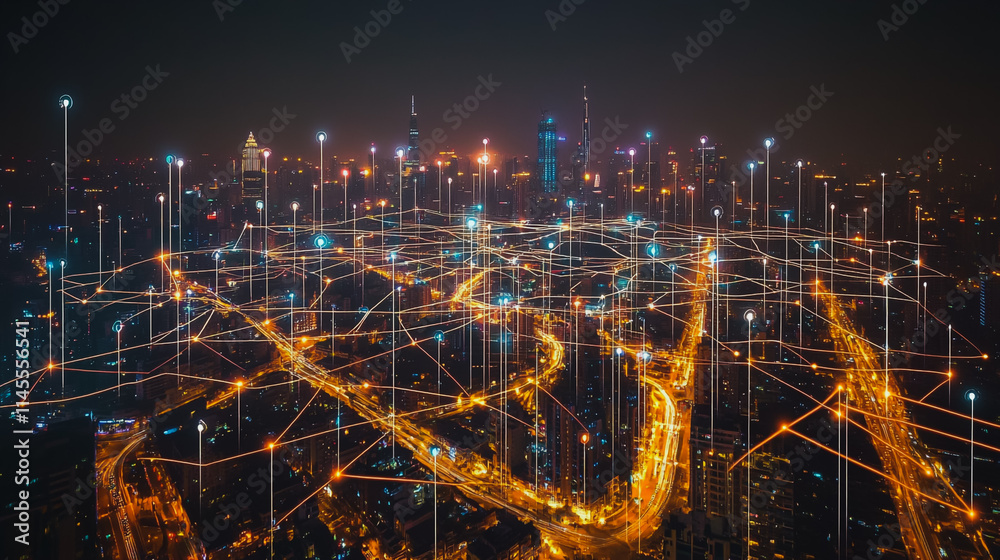 Naklejka premium Smart digital city with connection cyber security network reciprocity over the cityscape . future smart wireless digital city and social media networking systems that connects people within the city